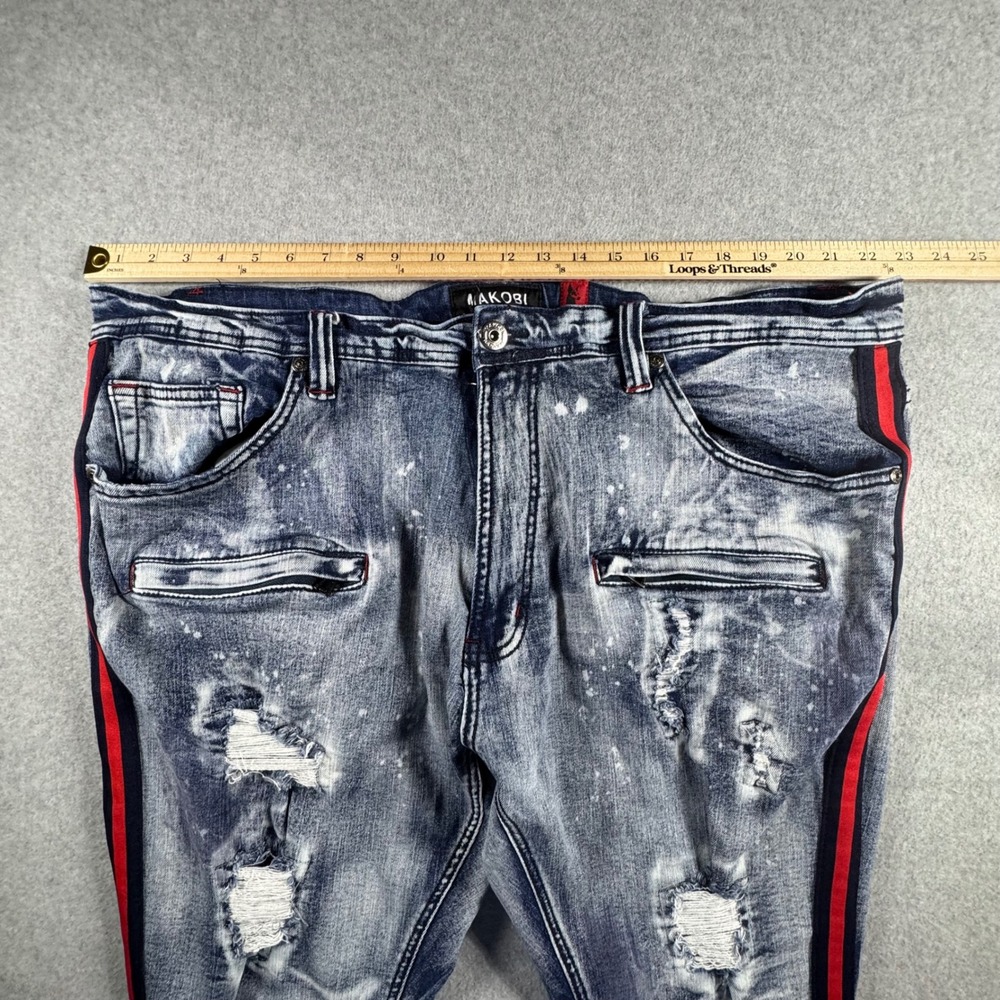 Makobi Biker Jeans Mens 44x32 Blue Acid Wash Distressed Side Stripe M1743 Moto - Picture 2 of 11